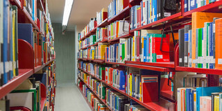 Rote Bücherregale in der Universitätsbilbliothek.